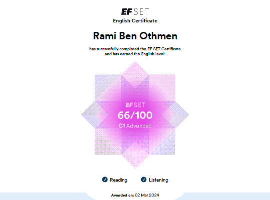 Advanced C1 English Certificate (EF SET) certificate