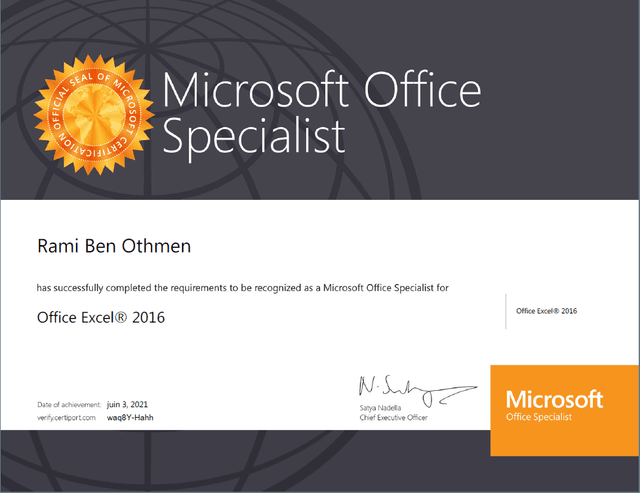 Microsoft Office Excel Specialist certificate