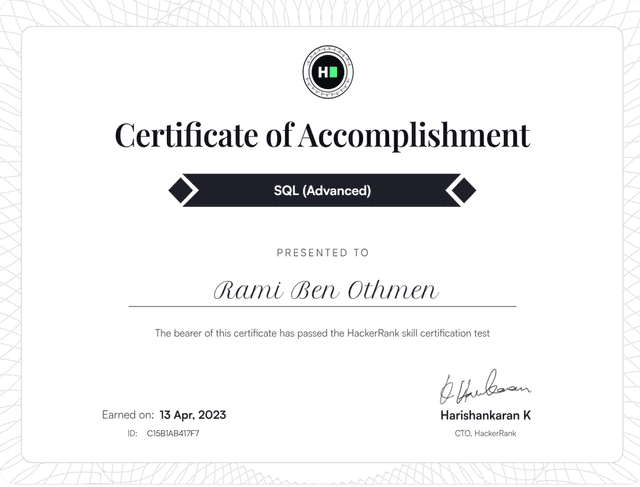 SQL Advanced (Hackerrank) certificate