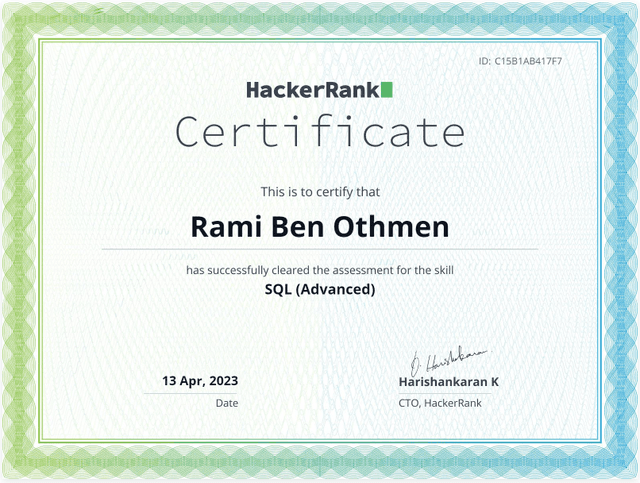 SQL Advanced (Hackerrank) certificate